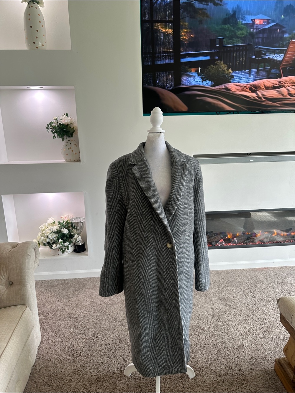 Babaton Women's Gray Herringbone Long Wool-Blend Pea Coat
